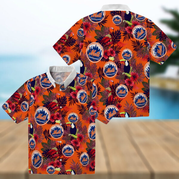 Trendy New York Mets Aloha Hawaiian Shirt   Tropical Floral Toucan Blue & Red Design