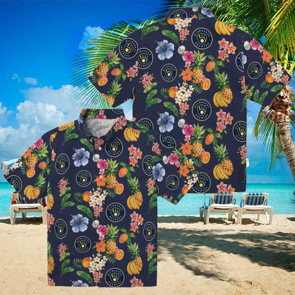 Tropical Navy Blue Milwaukee Brewers Hawaiian Shirt Summer Floral & Fruit Button Up Top Tropical Navy Blue Milwaukee Brewers Hawaiian Shirt Summer Floral & Fruit Button Up Top