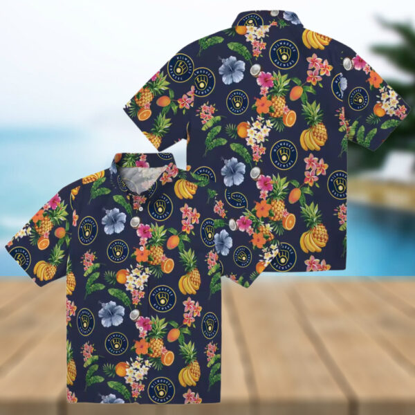 Tropical Navy Blue Milwaukee Brewers Hawaiian Shirt   Summer Floral & Fruit Button Up Top