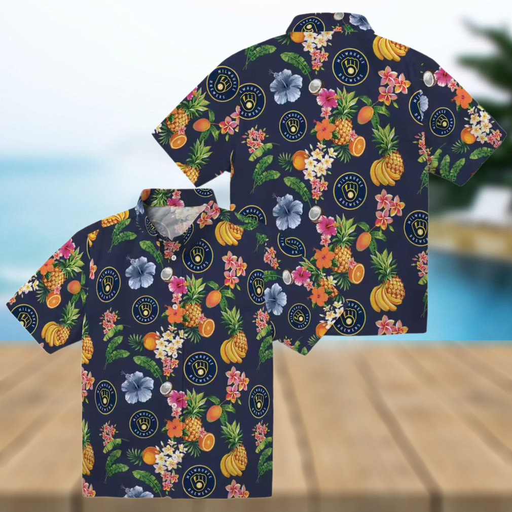 Tropical Navy Blue Milwaukee Brewers Hawaiian Shirt Summer Floral & Fruit Button Up Top Tropical Navy Blue Milwaukee Brewers Hawaiian Shirt Summer Floral & Fruit Button Up Top