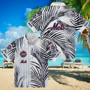 Men’s New York Mets Hawaiian Shirt   MLB Blue Black Palm Stripes for Vacation & Game Day