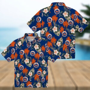 Limited Edition New York Mets Hawaiian Shirt Palm Tree & Hibiscus Floral Blue Aloha Shirt S
