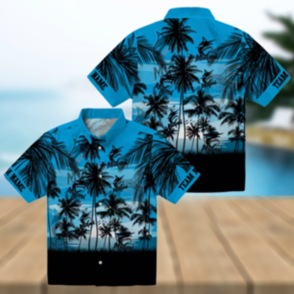 Unique Miami Marlins Tropical Hawaiian Shirt Blue & Black Sunset Baseball Fan Gift Unique Miami Marlins Tropical Hawaiian Shirt Blue & Black Sunset Baseball Fan Gift