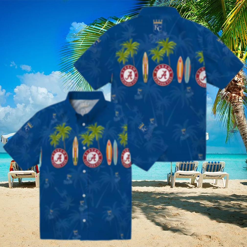 Women's Kansas City Royals Aloha Hawaiian Shirt Blue Palm & Surfboard Design Women's Kansas City Royals Aloha Hawaiian Shirt Blue Palm & Surfboard Design