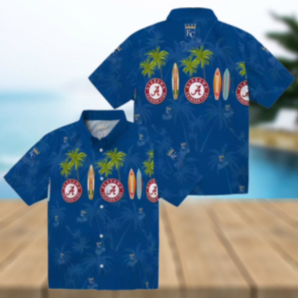 Women's Kansas City Royals Aloha Hawaiian Shirt Blue Palm & Surfboard Design Women's Kansas City Royals Aloha Hawaiian Shirt Blue Palm & Surfboard Design
