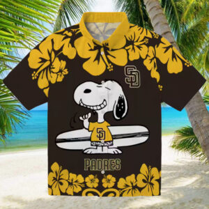 San Diego Padres Brown White Hawaiian Shirt   Snoopy Surf Design for Padres Fans