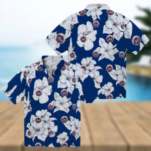 Tropical Hibiscus Blue & White New York Mets Hawaiian Shirt Summer Baseball Fan Gear