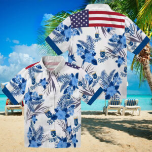 Kansas City Royals Hawaiian Short Sleeve Shirt Patriotic Hibiscus Aloha Summer Blue White