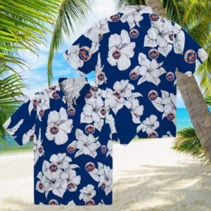 Tropical Hibiscus Blue & White New York Mets Hawaiian Shirt Summer Baseball Fan Gear