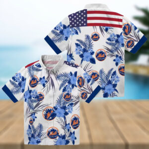 Men's New York Mets Hibiscus Hawaiian Shirt Patriotic Floral Blue White MLB Summer Shirt
