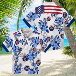 Men’s New York Mets Hibiscus Hawaiian Shirt   Patriotic Floral Blue White MLB Summer Shirt