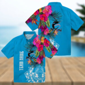 Miami Marlins Hawaiian Button Up Shirt Floral Polynesian Aloha Style for Summer