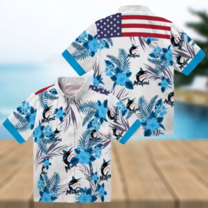 Patriotic Miami Marlins Hawaiian Shirt Blue & White Hibiscus Floral Print for Summer