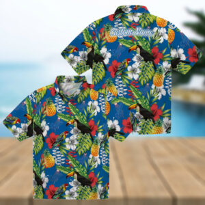Dodgers Toucan Floral Hawaiian Shirt Blue Green Aloha Summer Baseball Tee