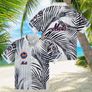Men’s New York Mets Hawaiian Shirt   MLB Blue Black Palm Stripes for Vacation & Game Day