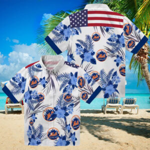 Men’s New York Mets Hibiscus Hawaiian Shirt   Patriotic Floral Blue White MLB Summer Shirt
