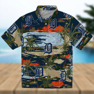Detroit Tigers Palm Horizon Navy Hawaiian Shirt