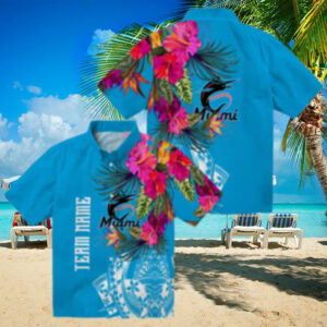 Miami Marlins Hawaiian Button Up Shirt Floral Polynesian Aloha Style for Summer