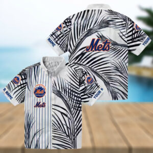 Men's New York Mets Hawaiian Shirt MLB Blue Black Palm Stripes for Vacation & Game Day