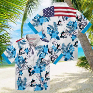 Patriotic Miami Marlins Hawaiian Shirt Blue & White Hibiscus Floral Print for Summer
