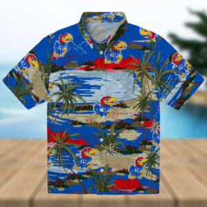 Kansas Jayhawks Palm Horizon Blue Hawaiian Shirt