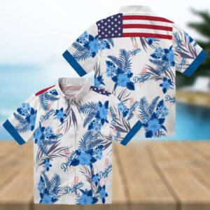 Dodgers MLB Blue White Hawaiian Shirt Floral Hibiscus Patriotic Game Day Wear