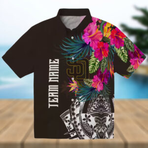 san diego padres button down brown hawaiian shirt floral polynesian design for baseball fans 0
