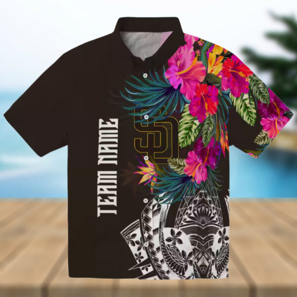 san diego padres button down brown hawaiian shirt floral polynesian design for baseball fans 0