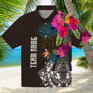 san diego padres button down brown hawaiian shirt floral polynesian design for baseball fans 0