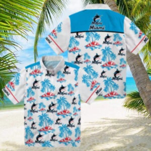 Miami Marlins Blue and White Aloha Shirt Palm Island Hawaiian Print MLB Shirt for Summer