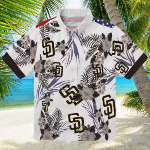 San Diego Padres Hawaiian Shirt Patriotic Hibiscus Print in Brown & White for Padres Fans