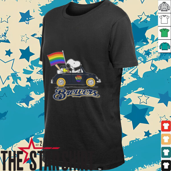 Milwaukee Brewers x Snoopy x Woodstock Driving Car Pride Flag Tee