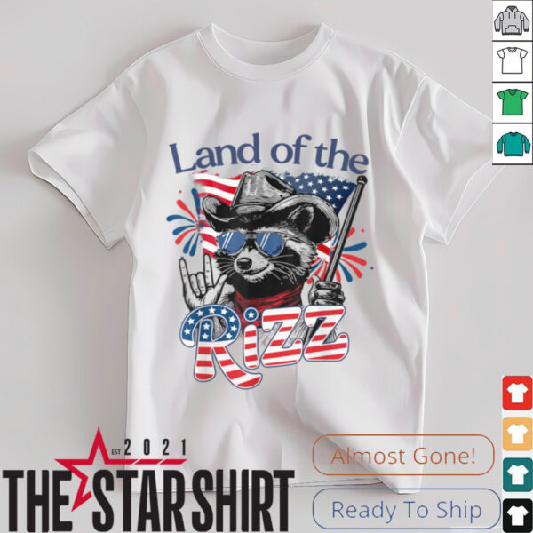 Land Of The Rizz Funny Patriotic Raccoon 4th July US Flag T Shirt