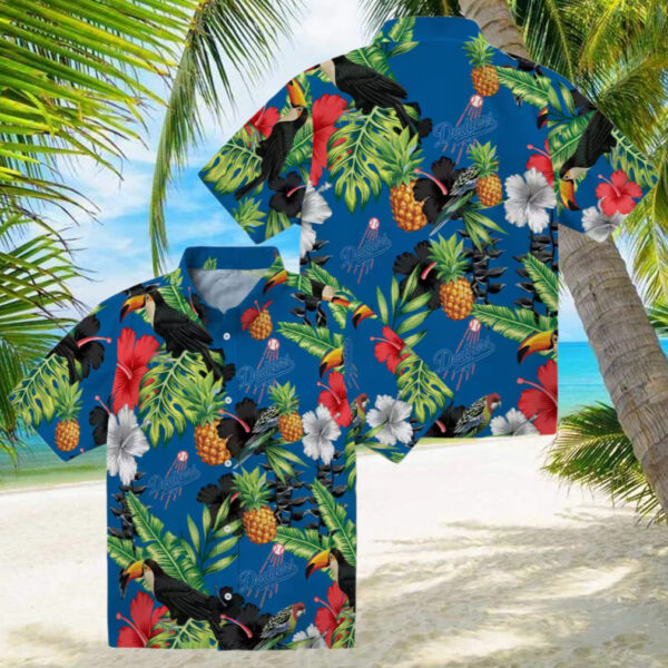 Limited Edition MLB Dodgers Hawaiian Shirt for Men   Blue Green Hibiscus Toucan Summer Outfit
