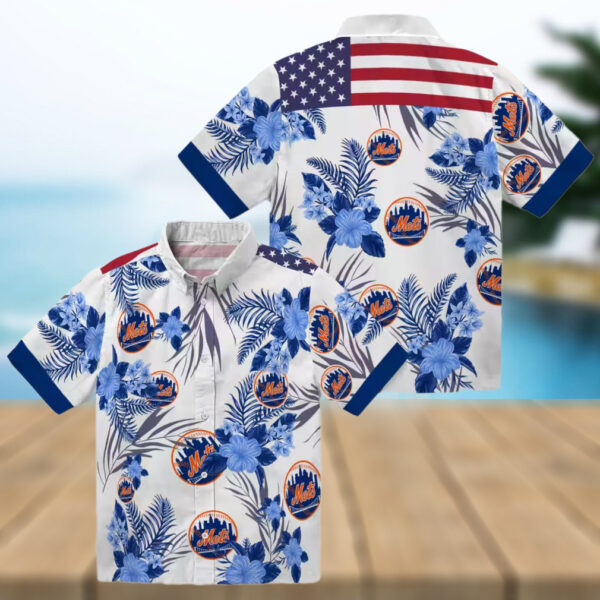 Men’s New York Mets Hibiscus Hawaiian Shirt   Patriotic Floral Blue White MLB Summer Shirt