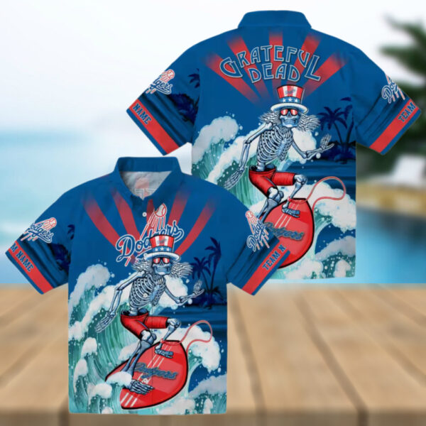 Personalized Dodgers Surfing Skeleton Hawaiian Shirt   Ideal Summer MLB Fan Outfit