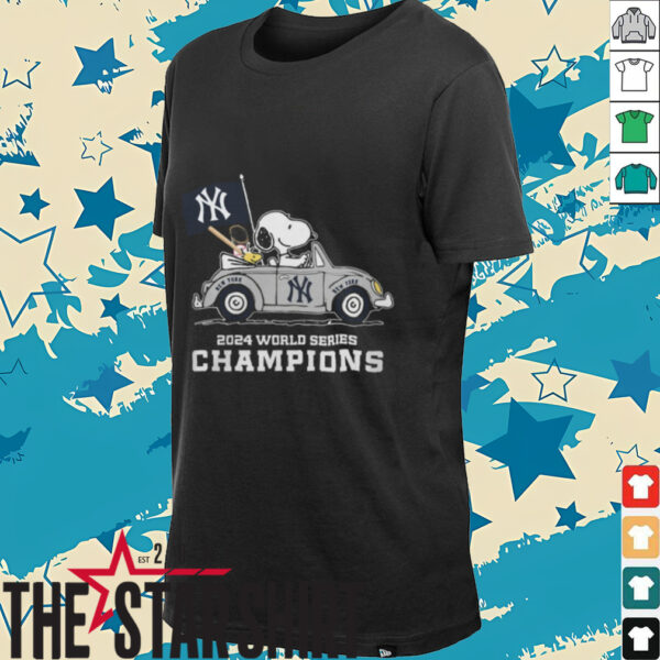 Peanuts Snoopy And Woodstock On Car X Ny Yankees World Series Champions 2024 Flag Tee