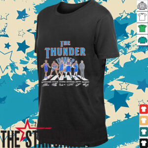 The Oklahoma City Thunder walking across signatures shirt