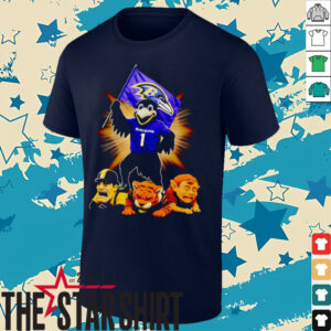 Baltimore Ravens mascot standing with flag shirt