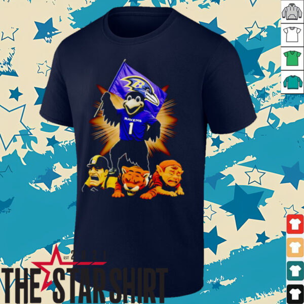 Baltimore Ravens mascot standing with flag shirt