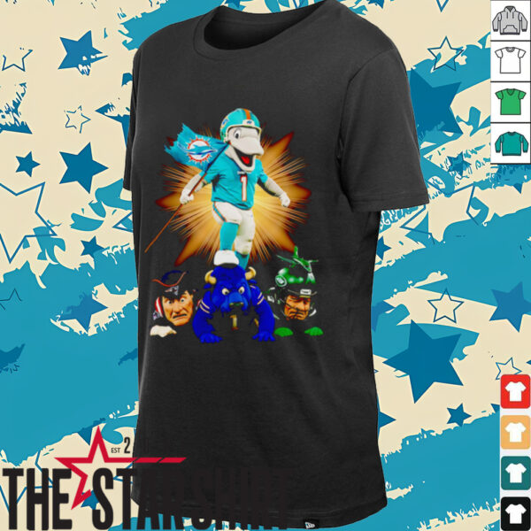 Miami Dolphins mascot standing with flag shirt