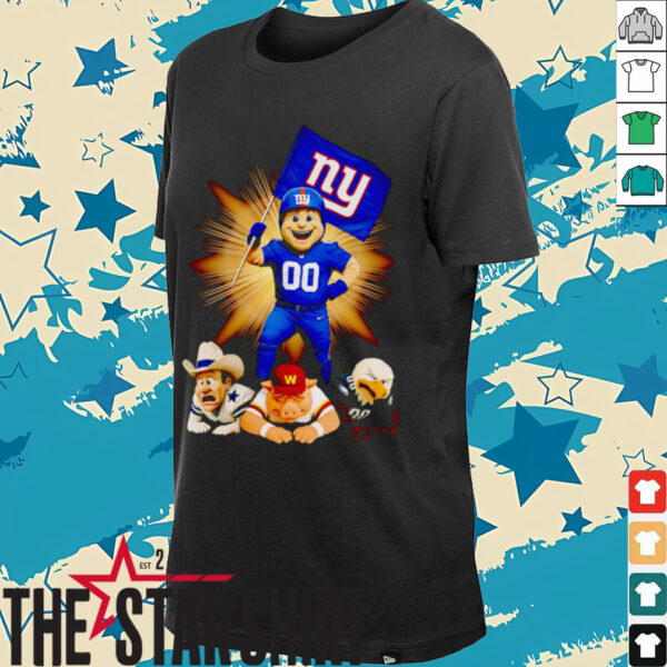 New York Giants mascot standing with flag shirt