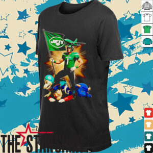 New York Jets mascot standing with flag shirt