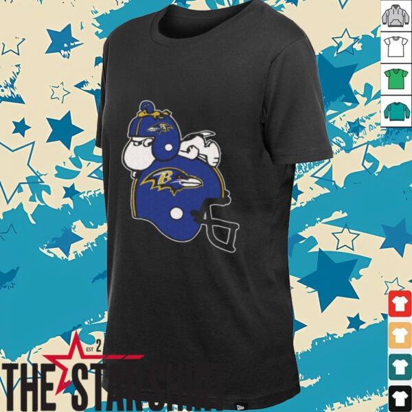 Snoopy And Woodstock Resting On Baltimore Ravens Helmet Shirt
